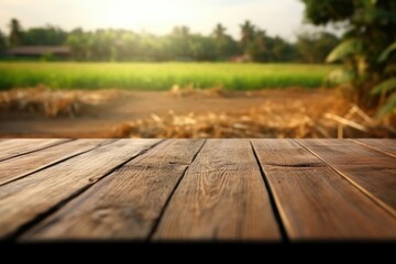 Rustic Wooden Table with Blurred Green Nature Garden Background