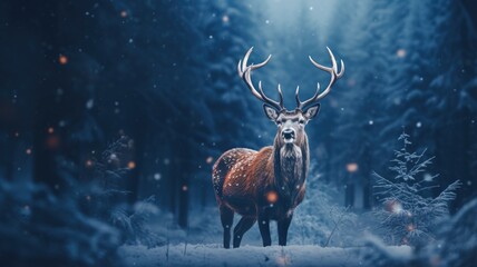 A majestic deer in a snow-covered forest