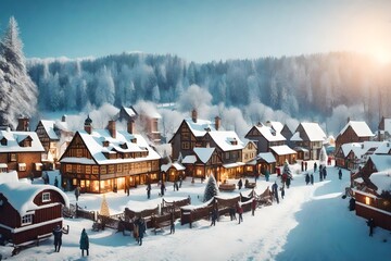 Dusk on a Holiday Hut in the Swiss Alps with Snow and Lighten up Tree