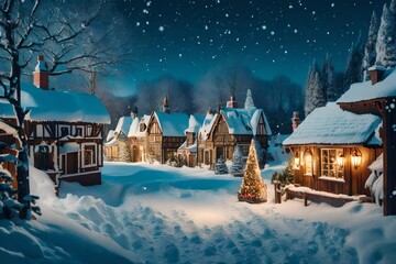 Dusk on a Holiday Hut in the Swiss Alps with Snow and Lighten up Tree