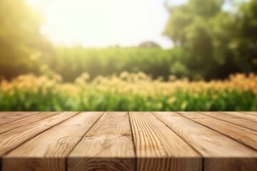 Rustic Wooden Table with Blurred Green Nature Garden Background