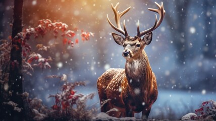 A majestic deer standing in a serene snowy forest