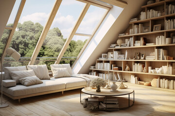 an apartment with books_on_shelves and some attic window