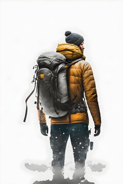 man hiking in winter gear walking away transparent background octane render 