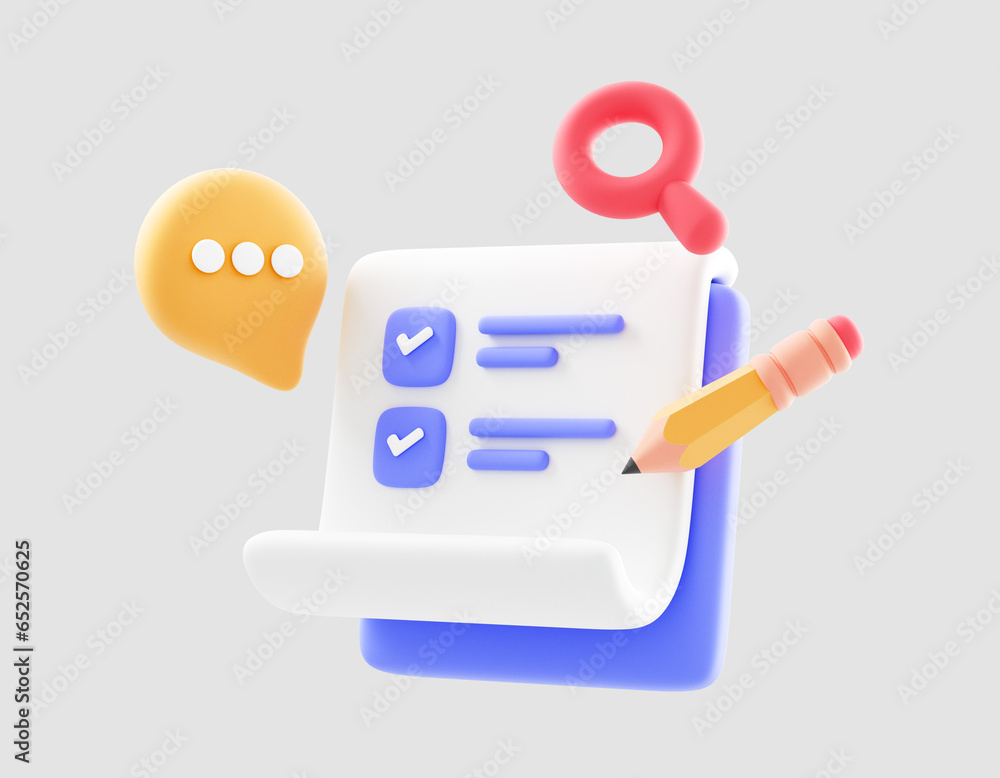 Poster 3d clipboard and pencil on isolated white background. task management check list, efficient work, pr