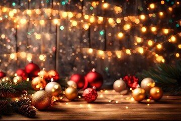 Colorful abstract background with christmas lights and white frame. Christmas background with Ribbon boll and ornaments