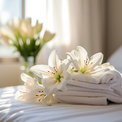 White towels with white lily flowers on bed in hotel room