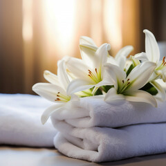 Fototapeta na wymiar White towels with white lily flowers on bed in hotel room