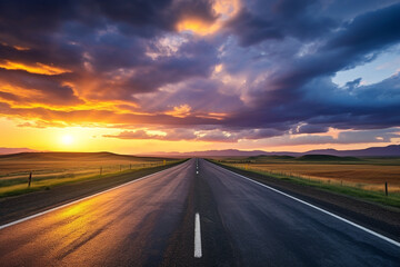 Naklejka premium empty asphalt road at sunset