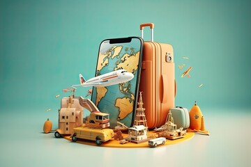 Illustration of a smartphone with airplane wings and a world map. Representing travel and adventure. Generative AI - obrazy, fototapety, plakaty