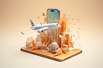Illustration of a smartphone with airplane wings and a world map. Representing travel and adventure. Generative AI - obrazy, fototapety, plakaty