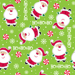 Christmas Cute Fun Santa Claus with Candy cane and Holly Jolly Wordings-Christmas Vector Illustration