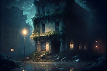 small waterfall overgrown post apocalyptic on a city street a renovated building with the only lighting on the street a inch of water covering the floor city ruins dreamlike night time  - obrazy, fototapety, plakaty