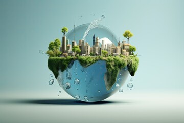 Drop of water falls from Earth in a water saving concept. Generative AI