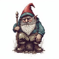 vintage style old gnome strong colors white background line drawing 