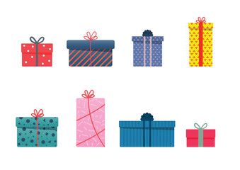 Gift boxes Beautiful present box with bow set. Gift box icon. Christmas and happy new year gift box. vector illustration