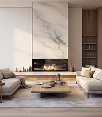 an elegant living room with a marble fireplace