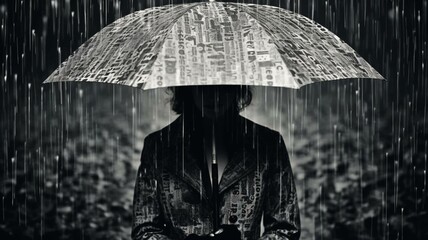 Silhouette of person in the rain with umbrella - obrazy, fototapety, plakaty