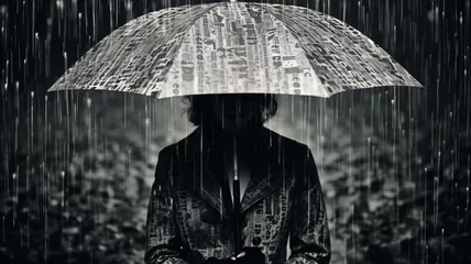 Fotobehang Silhouette of person in the rain with umbrella © Karen