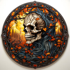 stained glass circular halloween, white background,
scary spooky halloween season, monster skull and crossbones halloween witch with pumpkin, halloween and October background	