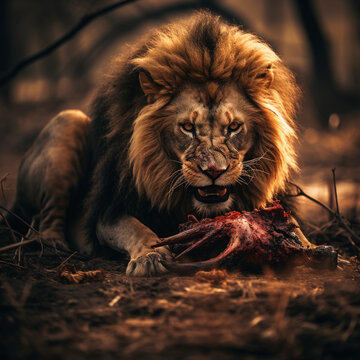 photo illustration of a lion eating its prey.generative ai