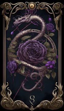 Neoclassical celestial the five of wands tarot card an ouroboros alien void snake wrapped in thorny roses devouring itself deep purple 