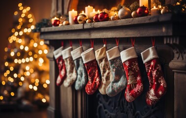 Christmas stocking hanging on fireplace at home