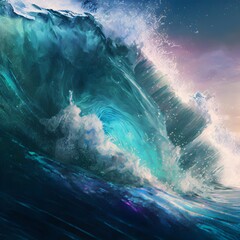 cosmic Watercolor 3D forming an ocean high surf glow from within clear focus cinematic hyper realistic 