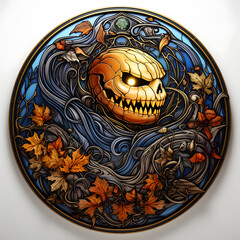 stained glass circular halloween, white background, scary spooky halloween season, monster skull and crossbones halloween witch with pumpkin, halloween and October background