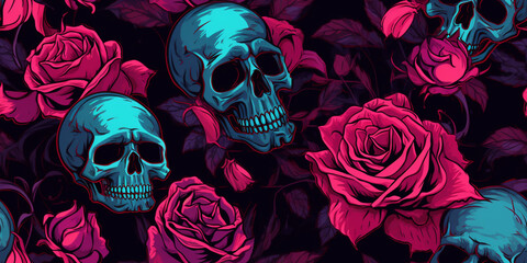 skull heads on roses negative colors pattern