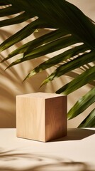 A wooden cube sitting next to a palm tree