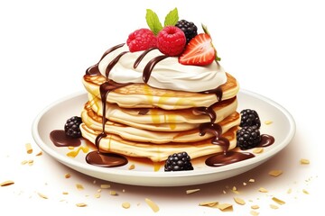 fresh golden pancakes with white cream, chocolate, strawberry, raspberry and blueberry