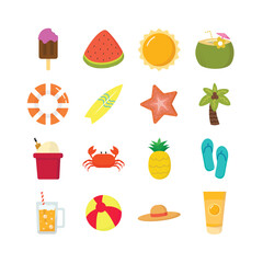 Vector flat summer or beach elements collection. Sun, Ice Cream, Buoy, Surfboard, Starfish, Coconut Tree, Watermelon, Bucket filled with sand, Crab, Pineapple, Sandal, Coconut Ice, Glass of Beer, Ball