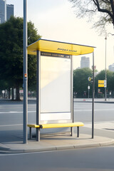 A bus stop in a city with a blank advertisement 