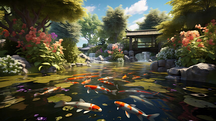 pond with beautiful koi fish and relaxing garden
