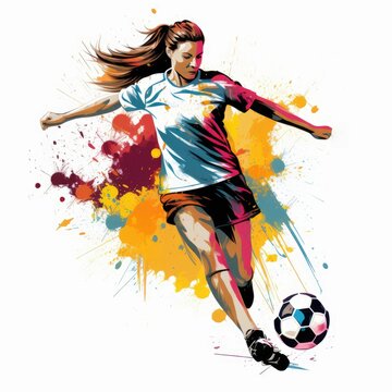 Beautiful female soccer player kicking ball with heel. Isolated on white background. Woman football concept ,ai generated