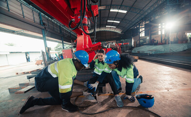 Obraz premium A female robotic technician's leg was injured at factory. Needs quick aid and coworker help.