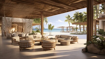 a beachfront hotel lobby with open-air design, natural materials, and a warm island welcome