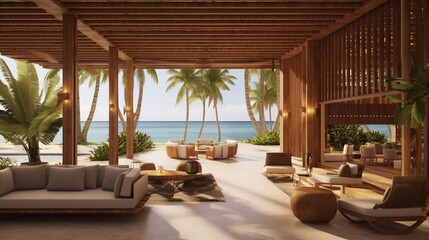 a beachfront hotel lobby with open-air design, natural materials, and a warm island welcome