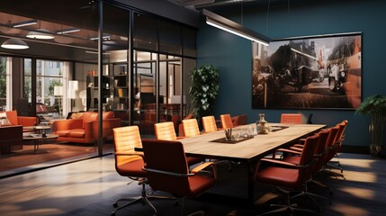 a contemporary conference room with modern technology, comfortable seating, and professional ambiance