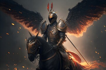 Polish winged hussar with dragon wings wielding huge spear Gold armor with red elements Volcanic fantasy desert battle in the background Dramatic fog and fire Epic cinematic action scene Dark souls  - obrazy, fototapety, plakaty
