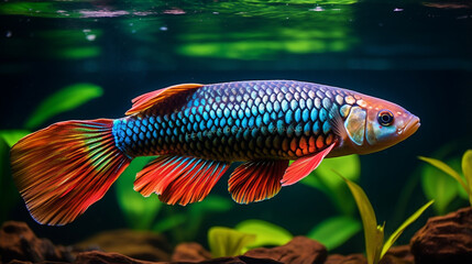 photo illustration of arowana fish with bright colors, generative ai