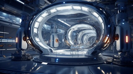 a futuristic aerospace facility with spaceprototypes, engineers, and advanced propulsion systems