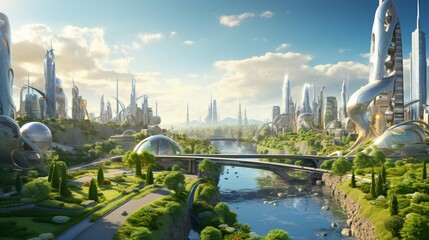 a futuristic cityscape with sustainable energy solutions and green technology