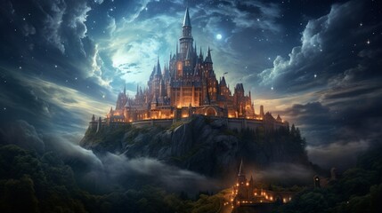 a magical sky over a fairytale castle, transporting viewers to an enchanted world - obrazy, fototapety, plakaty