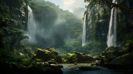 a majestic waterfall surrounded by mist and lush vegetation in a rainforest