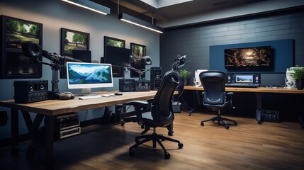 a media production office with editing stations, camera equipment, and creative professionals
