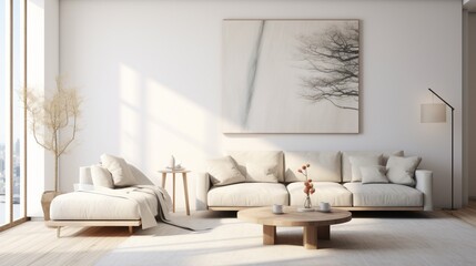 a minimalist living room with clean lines, monochromatic color scheme, and serene simplicity