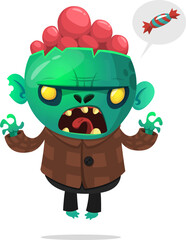 Cartoon funny green zombie with pink brains outside of the head. Halloween vector illustration isolated