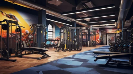 Foto auf Alu-Dibond Fitness a modern gym interior with state-of-the-art equipment, motivating graphics, and fitness enthusiasts